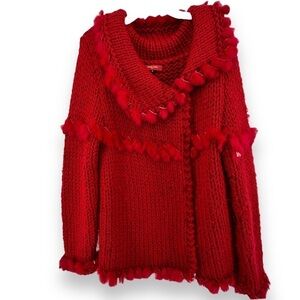 Lorena Conti Mixed Media SweaterJacket Fringe Red Chunky Women's Size 2